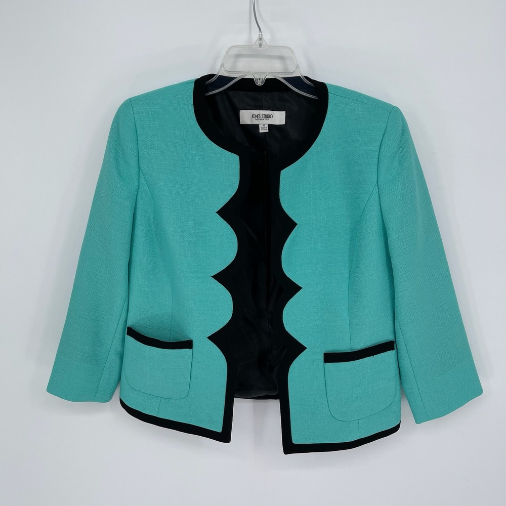 Jones Studio Women's Teal Scalloped Trim Open‎ Front Career Blazer Jacket Size 4